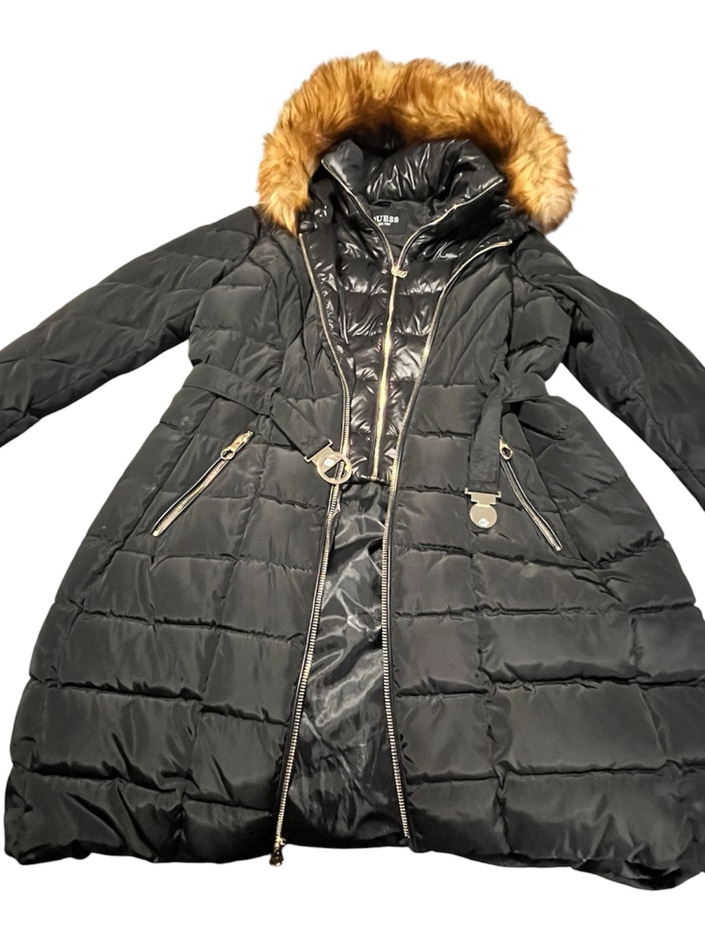 Guess Black Quilted Puffer Coat with Faux Fur Trim Hood